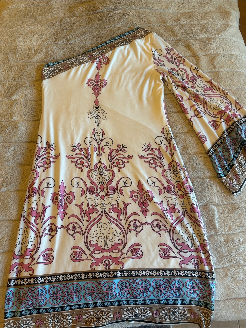 Analili Cream Dress with Pink and Teal Print - Picture 3 of 3